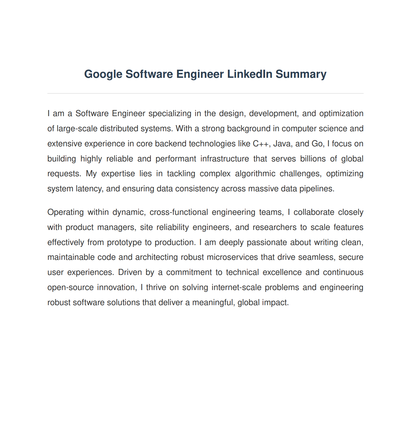 Google Software Engineer LinkedIn Summary