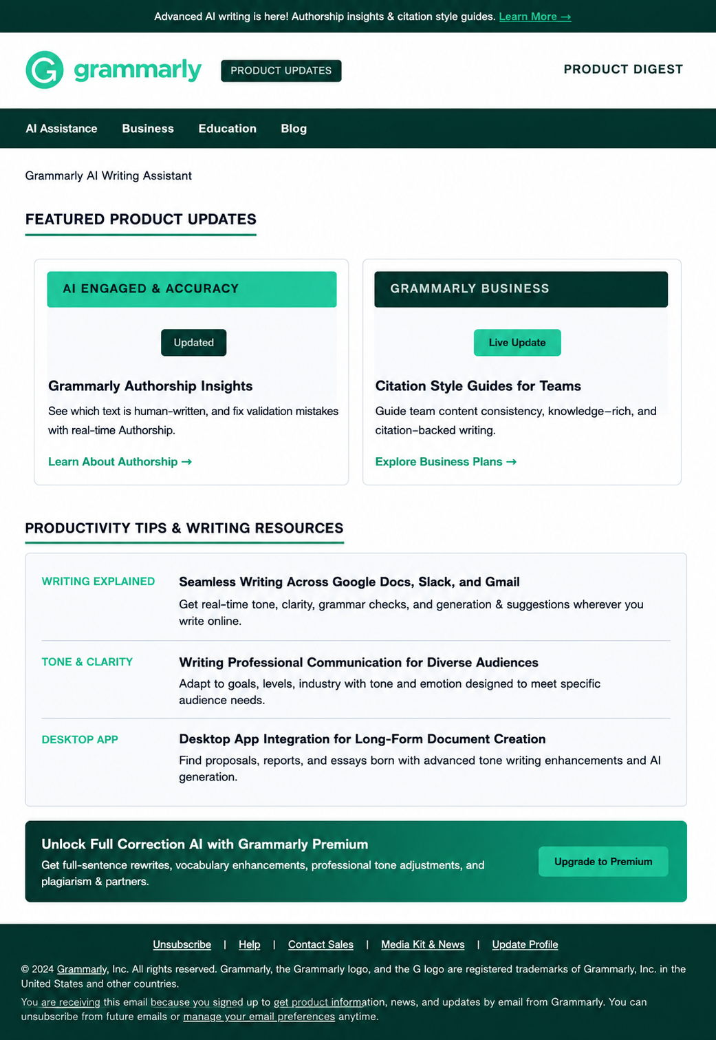 Grammarly Product Updates Email Newsletter - Free AI Email Newsletter Generator, 50+ Real Email Newsletter Examples
