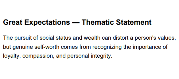 Great Expectations Thematic Statement - Free AI Thematic Statement Generator, 50+ Real Thematic Statement Examples