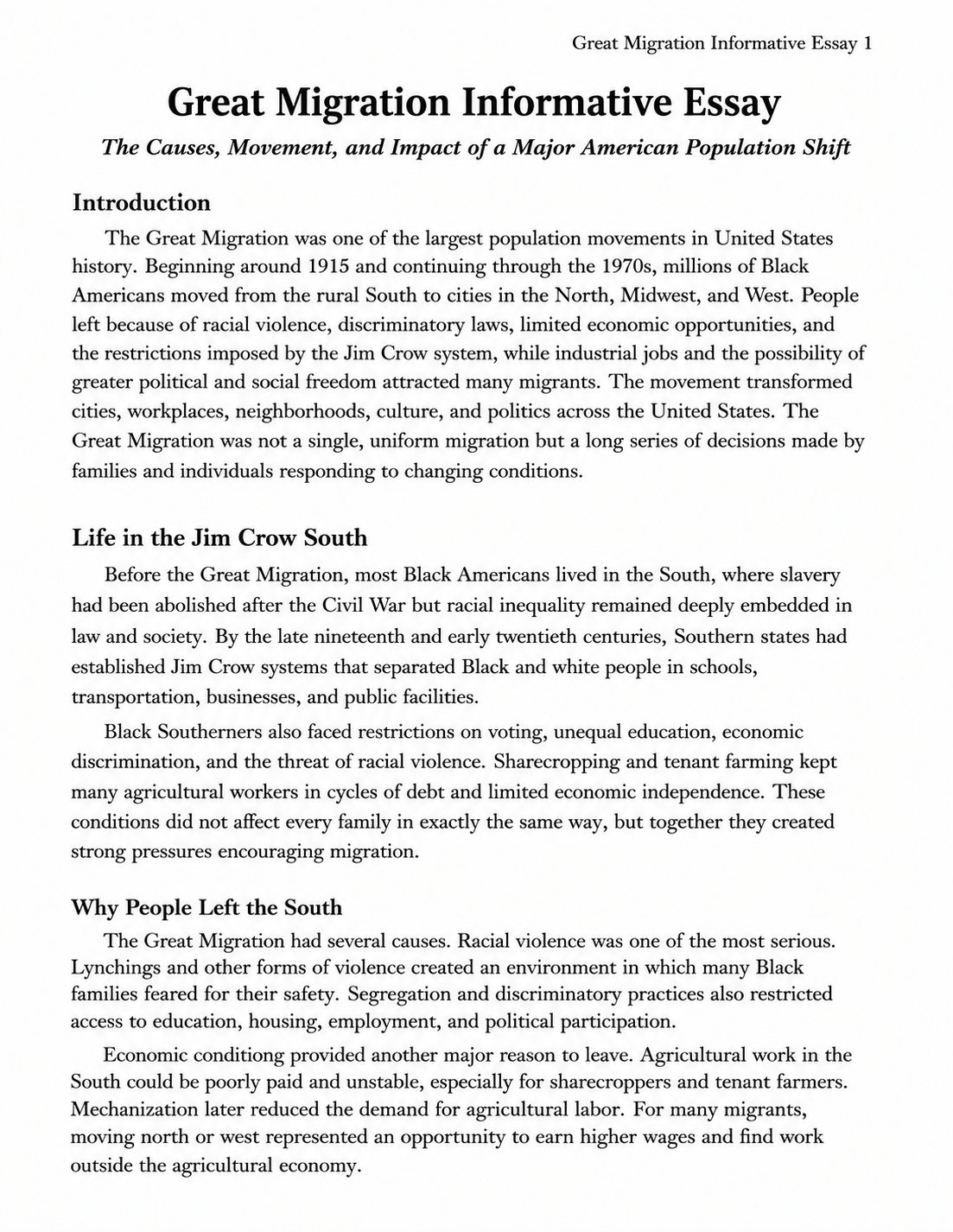 Great Migration Informative Essay - Free AI Informative Essay Generator, 50+ Real Informative Essay Examples