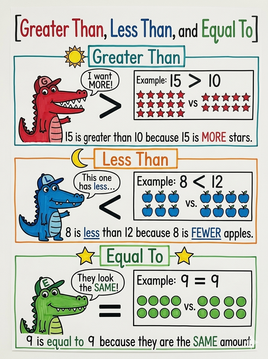 Greater Than, Less Than, and Equal To Anchor Chart for 1st Grade Math - Free AI Anchor Chart Generator, 50+ Real Anchor Chart Examples