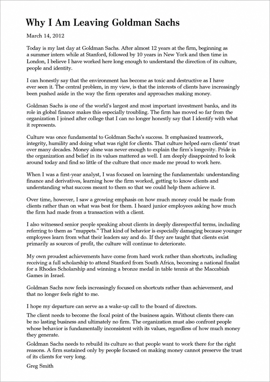 Greg Smith Resignation Letter from Goldman Sachs - Free AI Resignation Letter Generator, 50+ Real Resignation Letter Examples