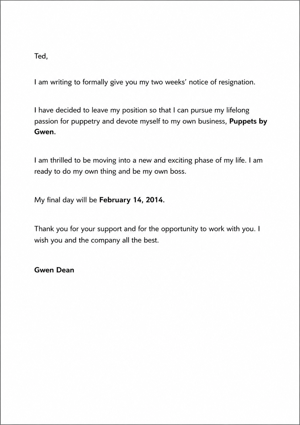 Gwen Dean Resignation Letter to Her Employer - Free AI Resignation Letter Generator, 50+ Real Resignation Letter Examples
