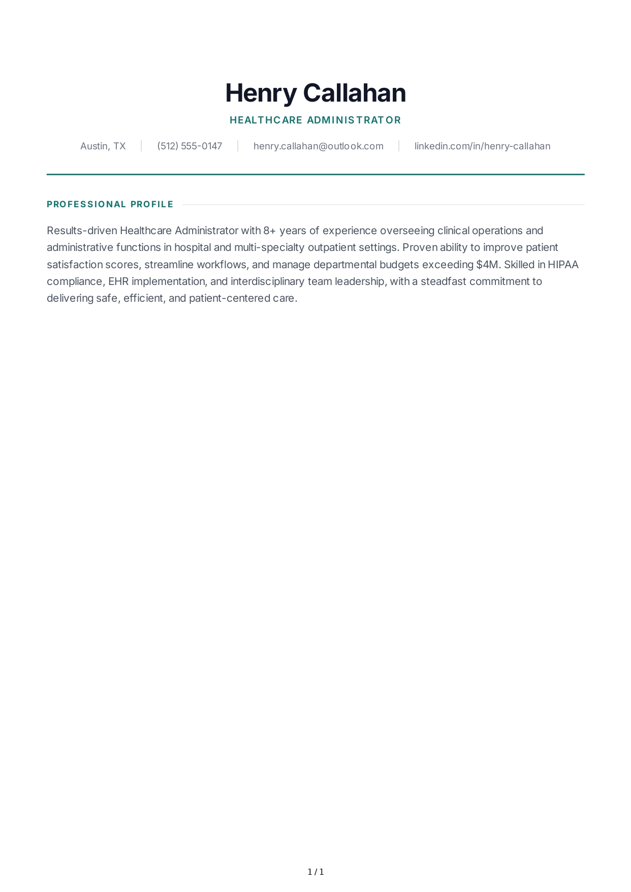 Healthcare Administrator Resume Profile - Free AI Resume Profile Generator, 50+ Real Resume Profile Examples