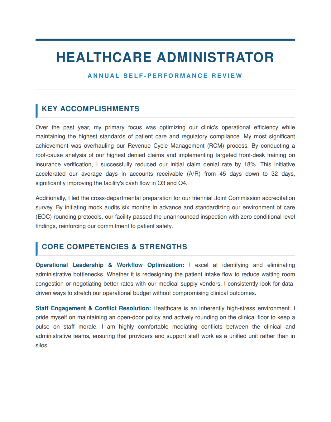 Healthcare Administrator Self Performance Review - Free AI Self Performance Review Generator, 50+ Real Self Performance Review Examples
