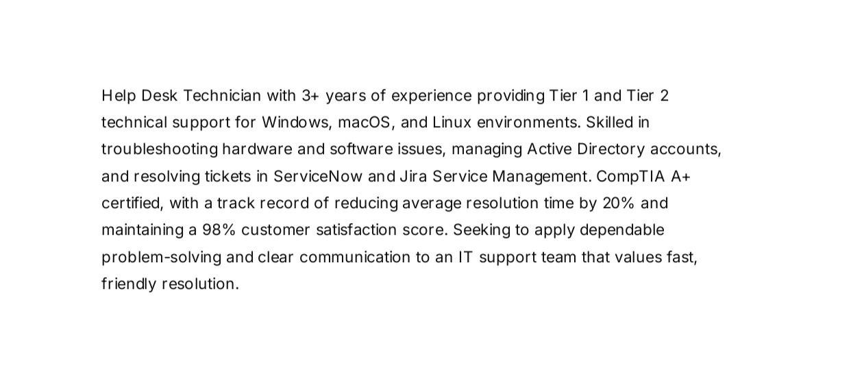 Help Desk Technician Resume Summary - Free AI Resume Summary Generator, 50+ Real Resume Summary Examples