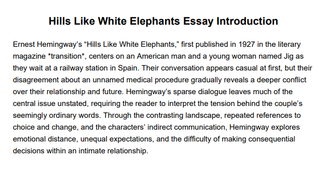 Hills Like White Elephants Essay Introduction - Free AI Essay Introduction Generator, 50+ Real Essay Introduction Examples