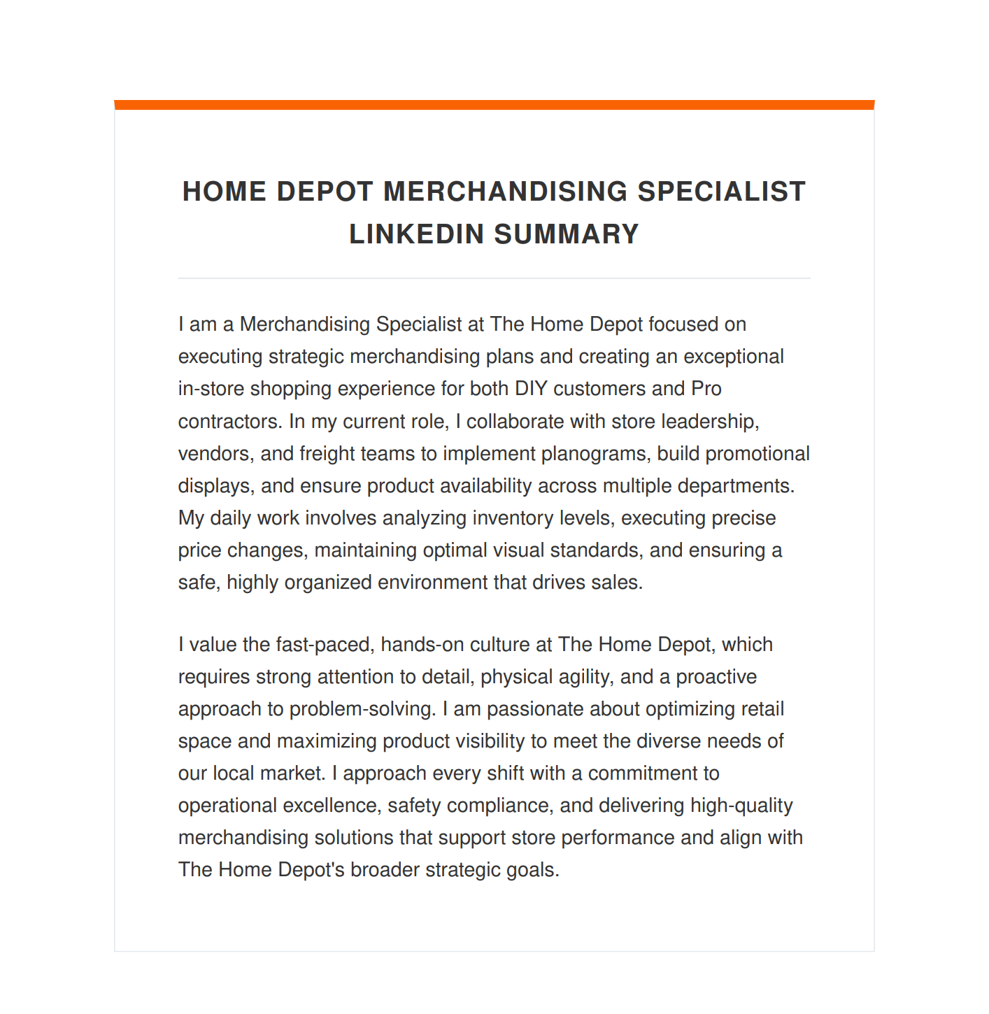 Home Depot Merchandising Specialist LinkedIn Summary - Free AI LinkedIn Summary Generator, 50+ Real LinkedIn Summary Examples