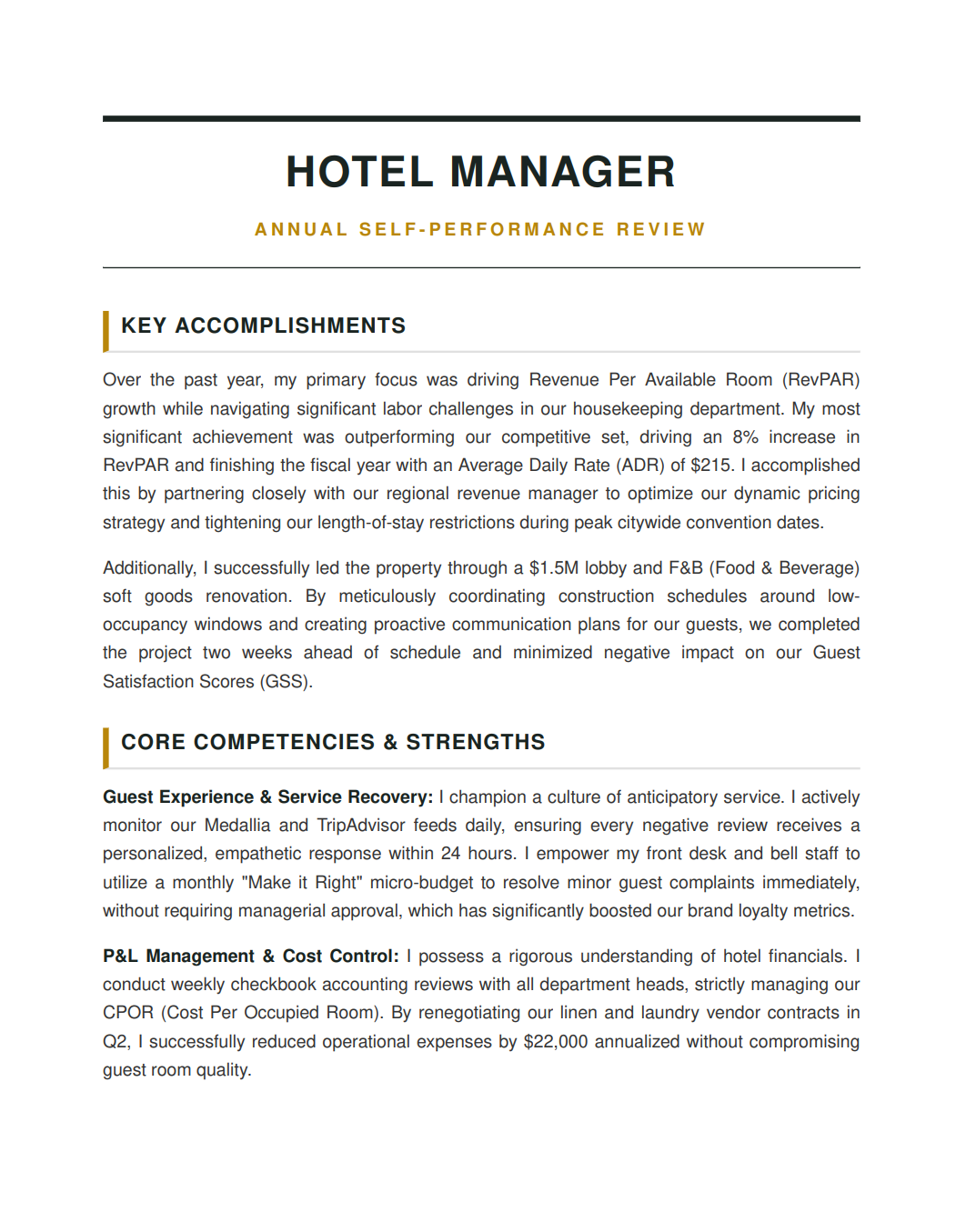 Hotel Manager Self Performance Review - Free AI Self Performance Review Generator, 50+ Real Self Performance Review Examples
