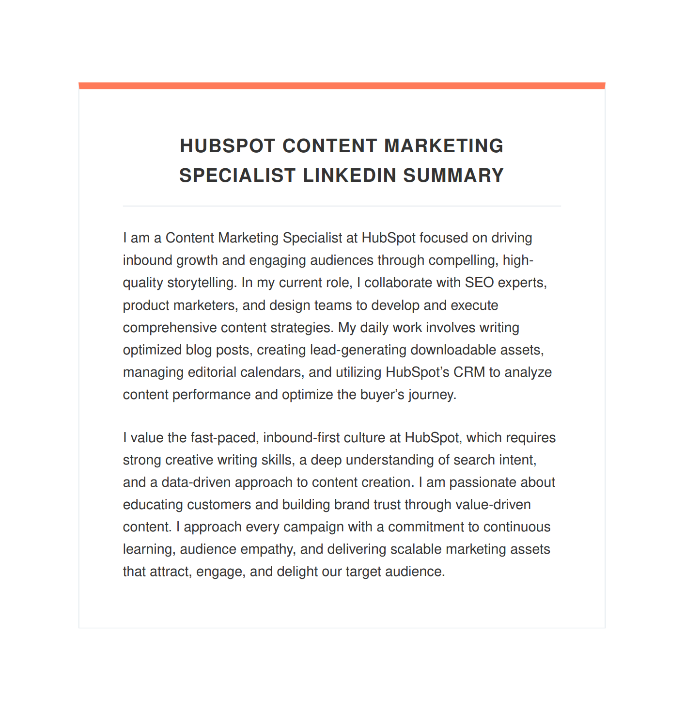 HubSpot Content Marketing Specialist LinkedIn Summary - Free AI LinkedIn Summary Generator, 50+ Real LinkedIn Summary Examples