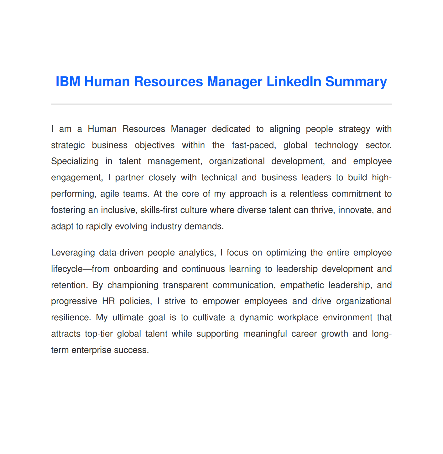 IBM Human Resources Manager LinkedIn Summary - Free AI LinkedIn Summary Generator, 50+ Real LinkedIn Summary Examples