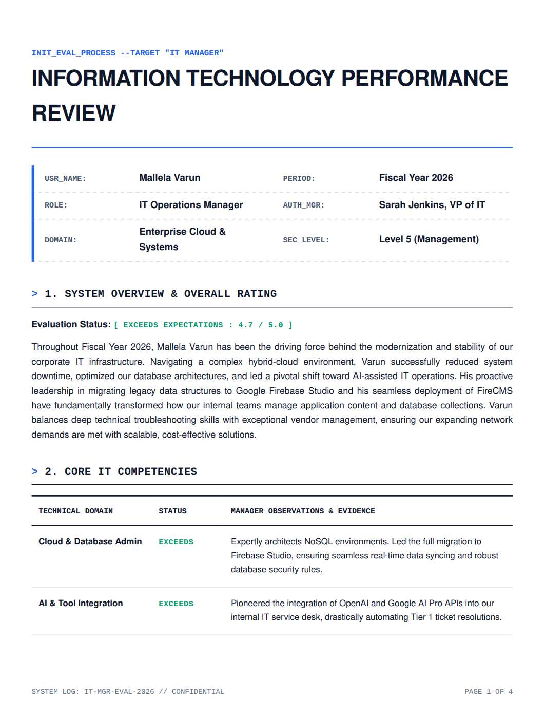 IT Manager Performance Review - Free AI Performance Review Generator, 50+ Real Performance Review Examples