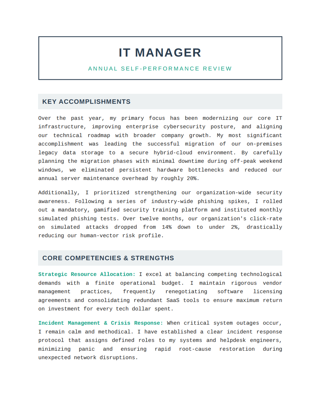 IT Manager Self Performance Review - Free AI Self Performance Review Generator, 50+ Real Self Performance Review Examples
