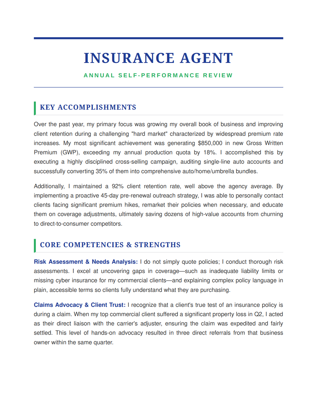 Insurance Agent Self Performance Review - Free AI Self Performance Review Generator, 50+ Real Self Performance Review Examples