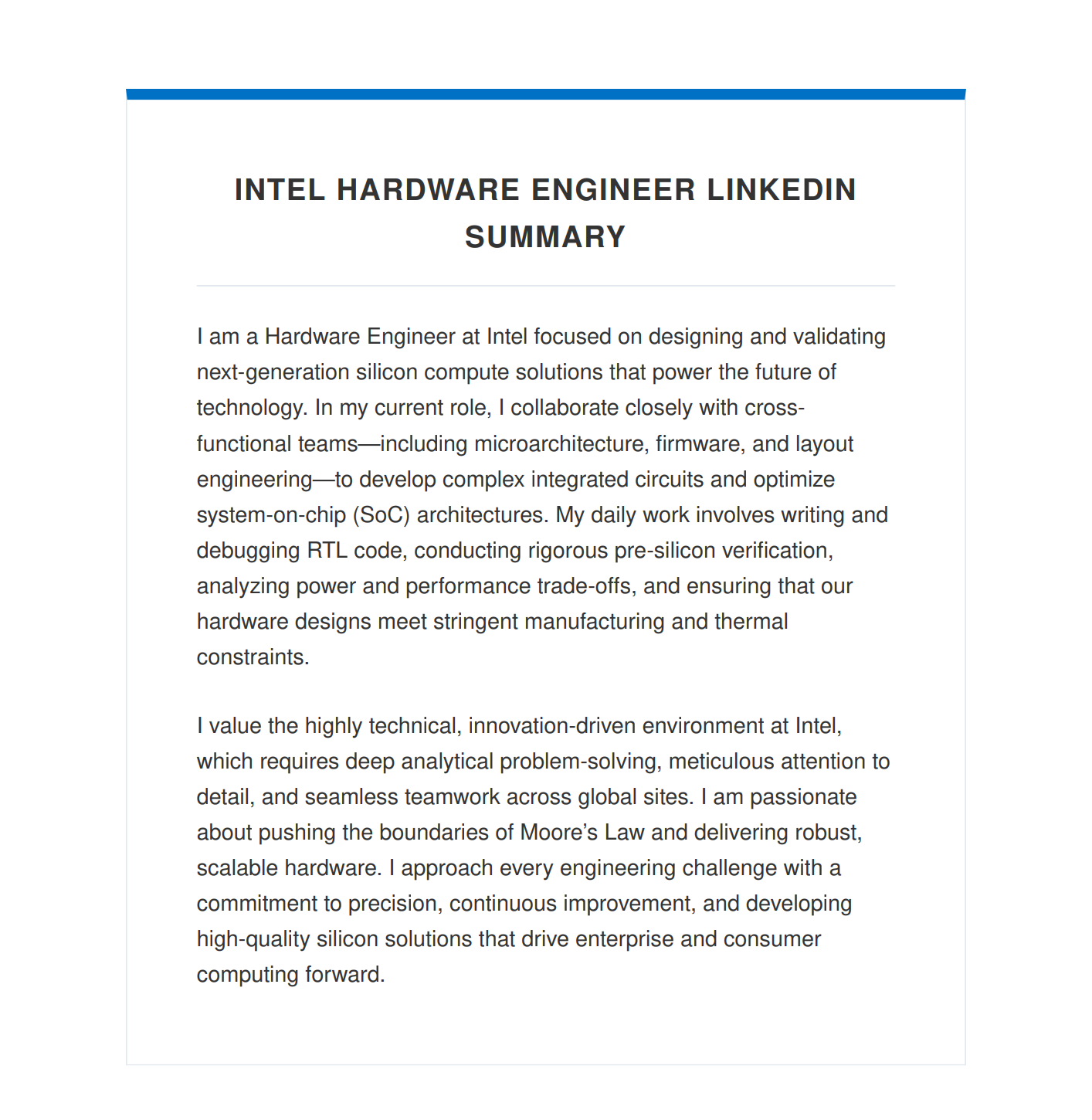Intel Hardware Engineer LinkedIn Summary - Free AI LinkedIn Summary Generator, 50+ Real LinkedIn Summary Examples