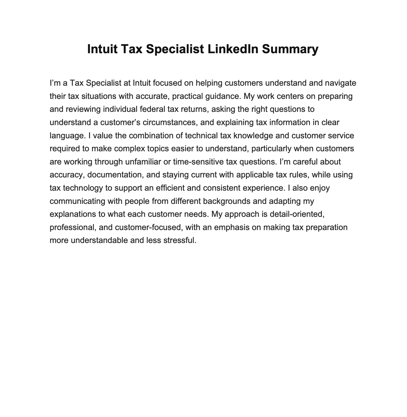 Intuit Tax Specialist LinkedIn Summary - Free AI LinkedIn Summary Generator, 50+ Real LinkedIn Summary Examples