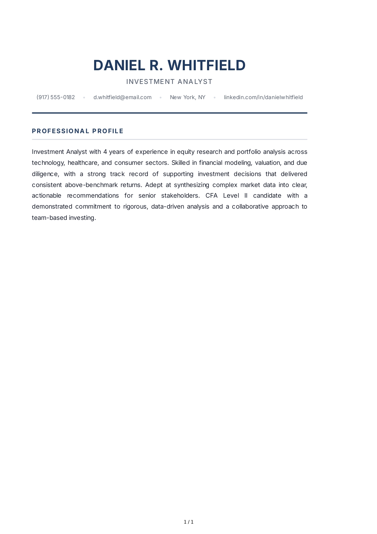 Investment Analyst Resume Profile - Free AI Resume Profile Generator, 50+ Real Resume Profile Examples