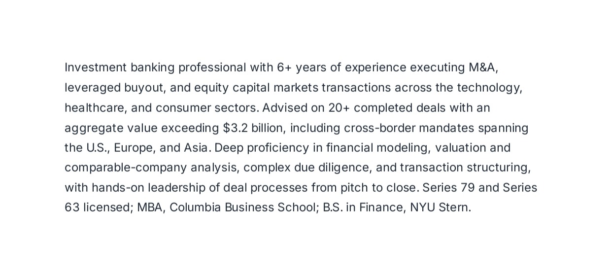 Investment Banker Resume Summary - Free AI Resume Summary Generator, 50+ Real Resume Summary Examples