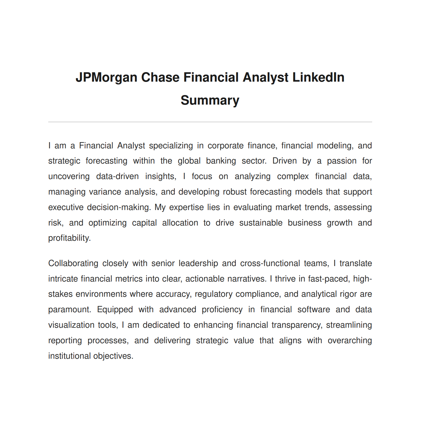 JPMorgan Chase Financial Analyst LinkedIn Summary - Free AI LinkedIn Summary Generator, 50+ Real LinkedIn Summary Examples
