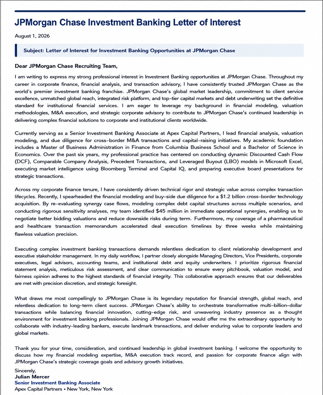 JPMorgan Chase Investment Banking Letter of Interest - Free AI Letter of Interest Generator, 50+ Real Letter of Interest Examples