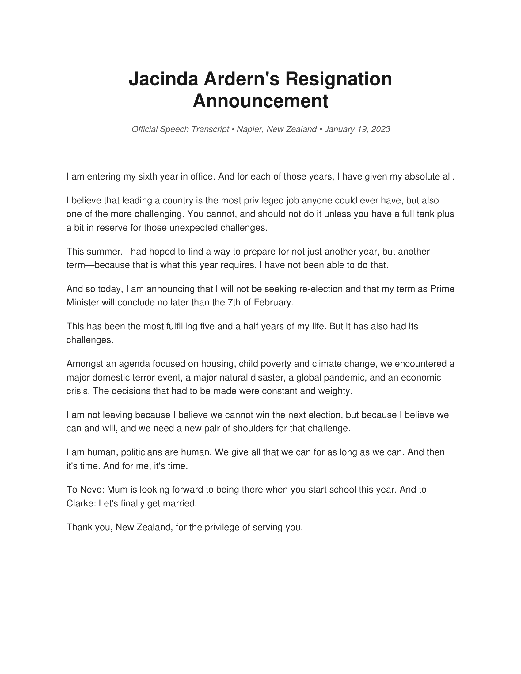 Jacinda Ardern Resignation Letter as Prime Minister of New Zealand - Free AI Resignation Letter Generator, 50+ Real Resignation Letter Examples