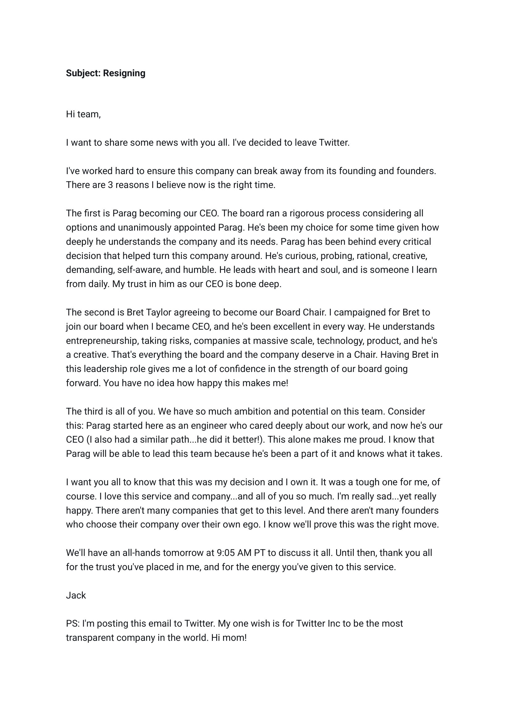 Jack Dorsey Resignation Letter from Twitter - Free AI Resignation Letter Generator, 50+ Real Resignation Letter Examples