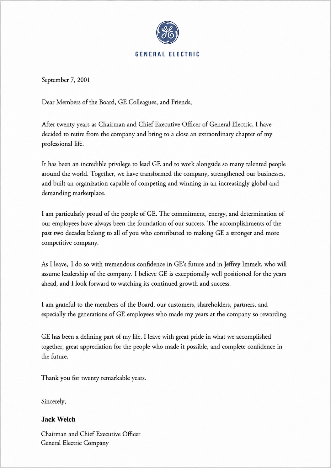 Jack Welch Retirement Letter from General Electric - Free AI Resignation Letter Generator, 50+ Real Resignation Letter Examples