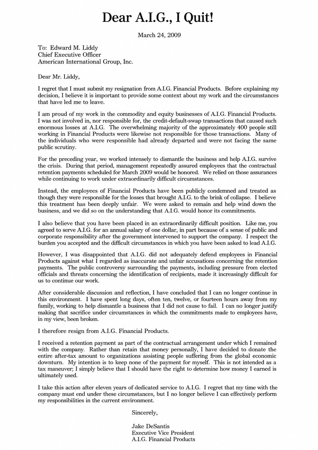 Jake DeSantis Resignation Letter to AIG - Free AI Resignation Letter Generator, 50+ Real Resignation Letter Examples