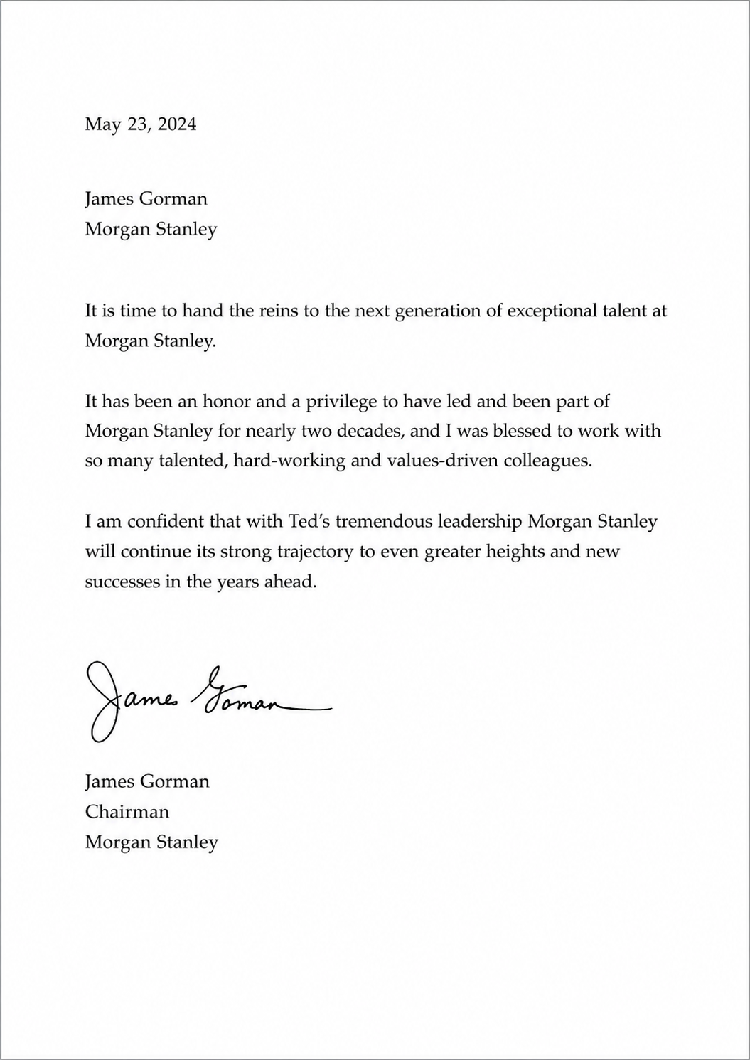 James Gorman Resignation Letter from Morgan Stanley - Free AI Resignation Letter Generator, 50+ Real Resignation Letter Examples