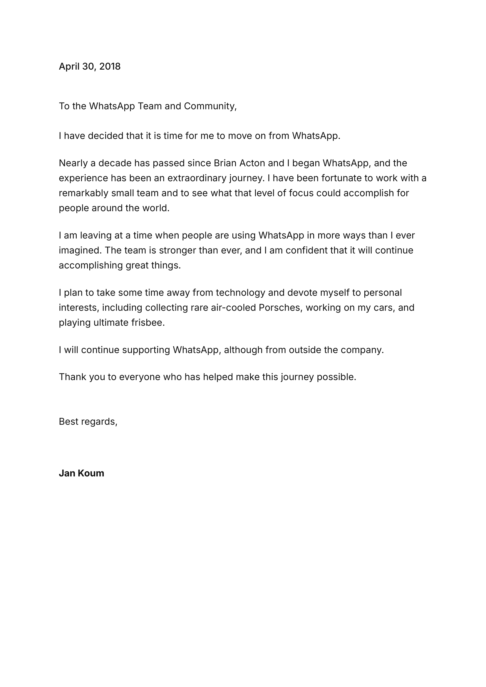 Jan Koum Resignation Letter from WhatsApp - Free AI Resignation Letter Generator, 50+ Real Resignation Letter Examples
