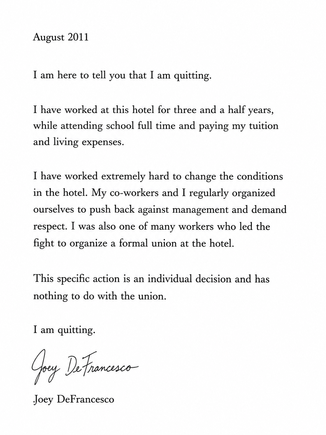 Joey DeFrancesco Resignation Letter from Renaissance Providence Hotel - Free AI Resignation Letter Generator, 50+ Real Resignation Letter Examples