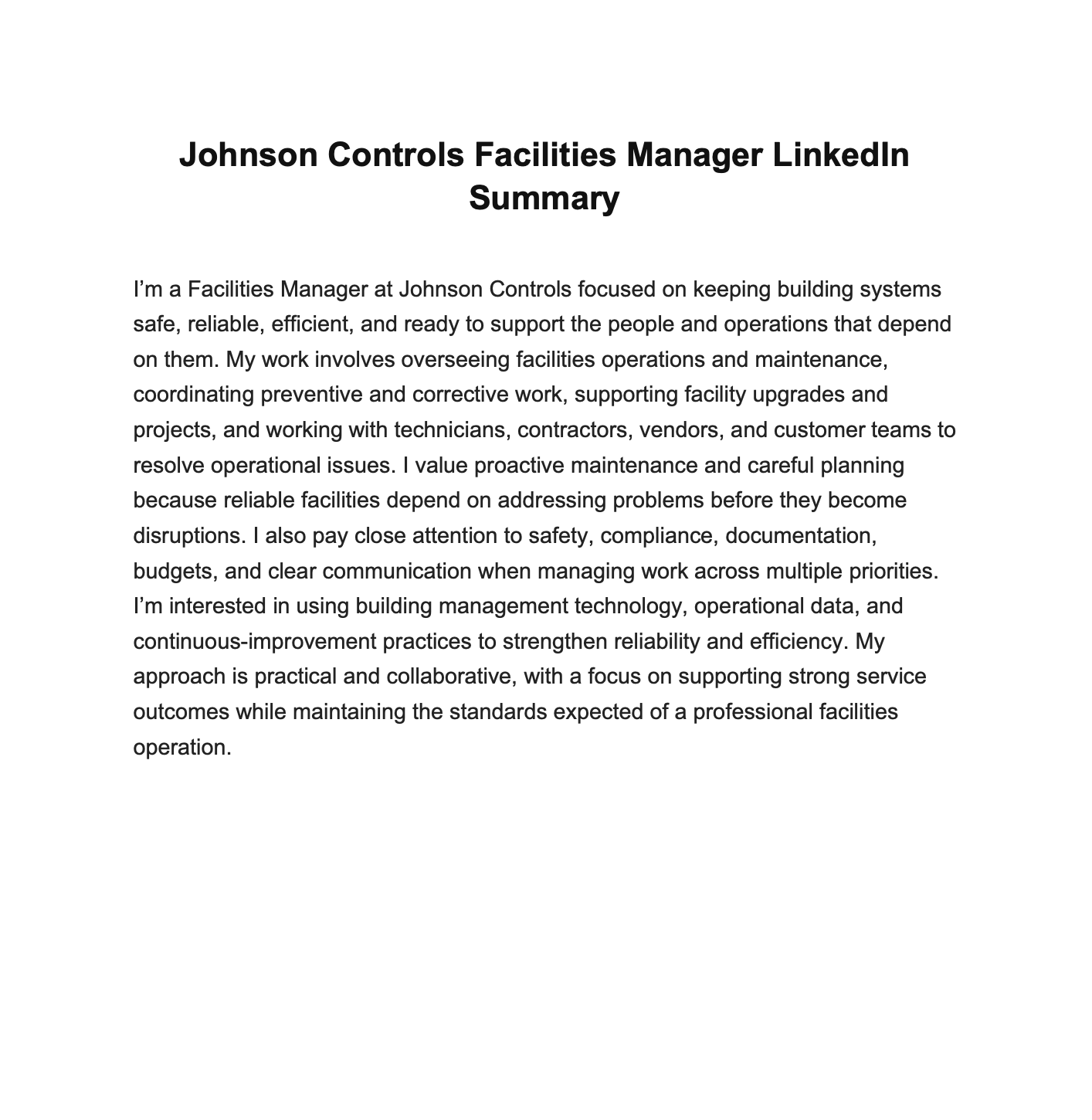 Johnson Controls Facilities Manager LinkedIn Summary - Free AI LinkedIn Summary Generator, 50+ Real LinkedIn Summary Examples