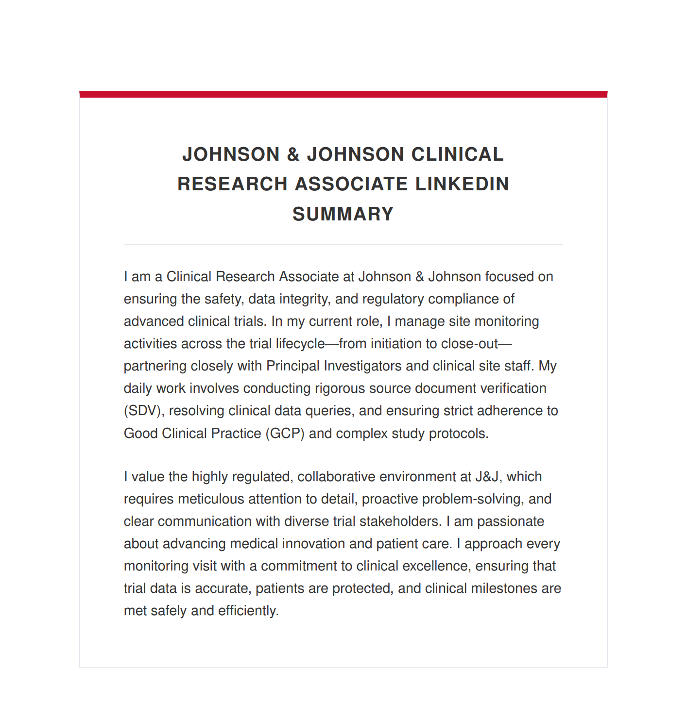 Johnson & Johnson Clinical Research Associate LinkedIn Summary - Free AI LinkedIn Summary Generator, 50+ Real LinkedIn Summary Examples