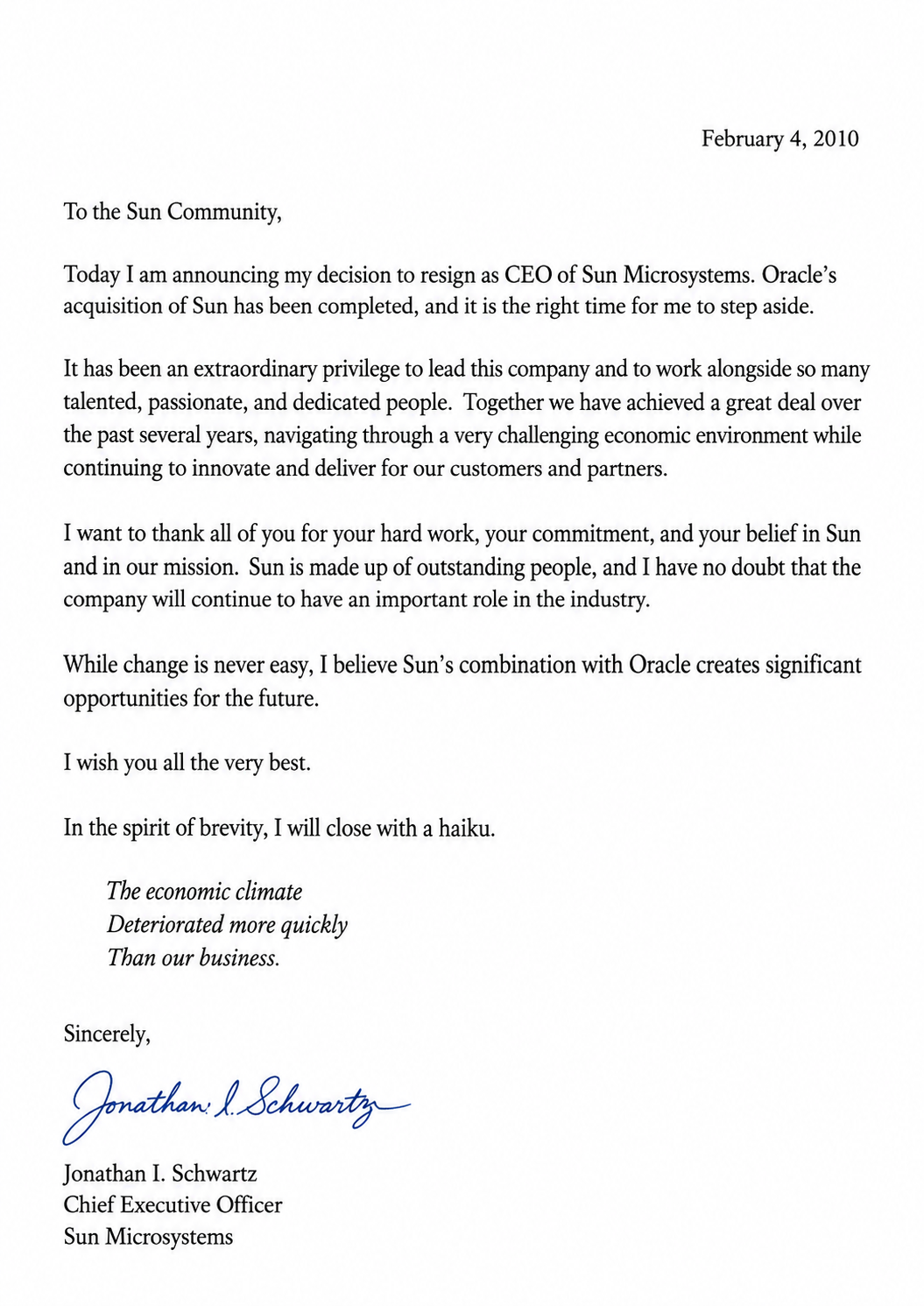 Jonathan Schwartz Resignation Announcement at Sun Microsystems - Free AI Resignation Letter Generator, 50+ Real Resignation Letter Examples