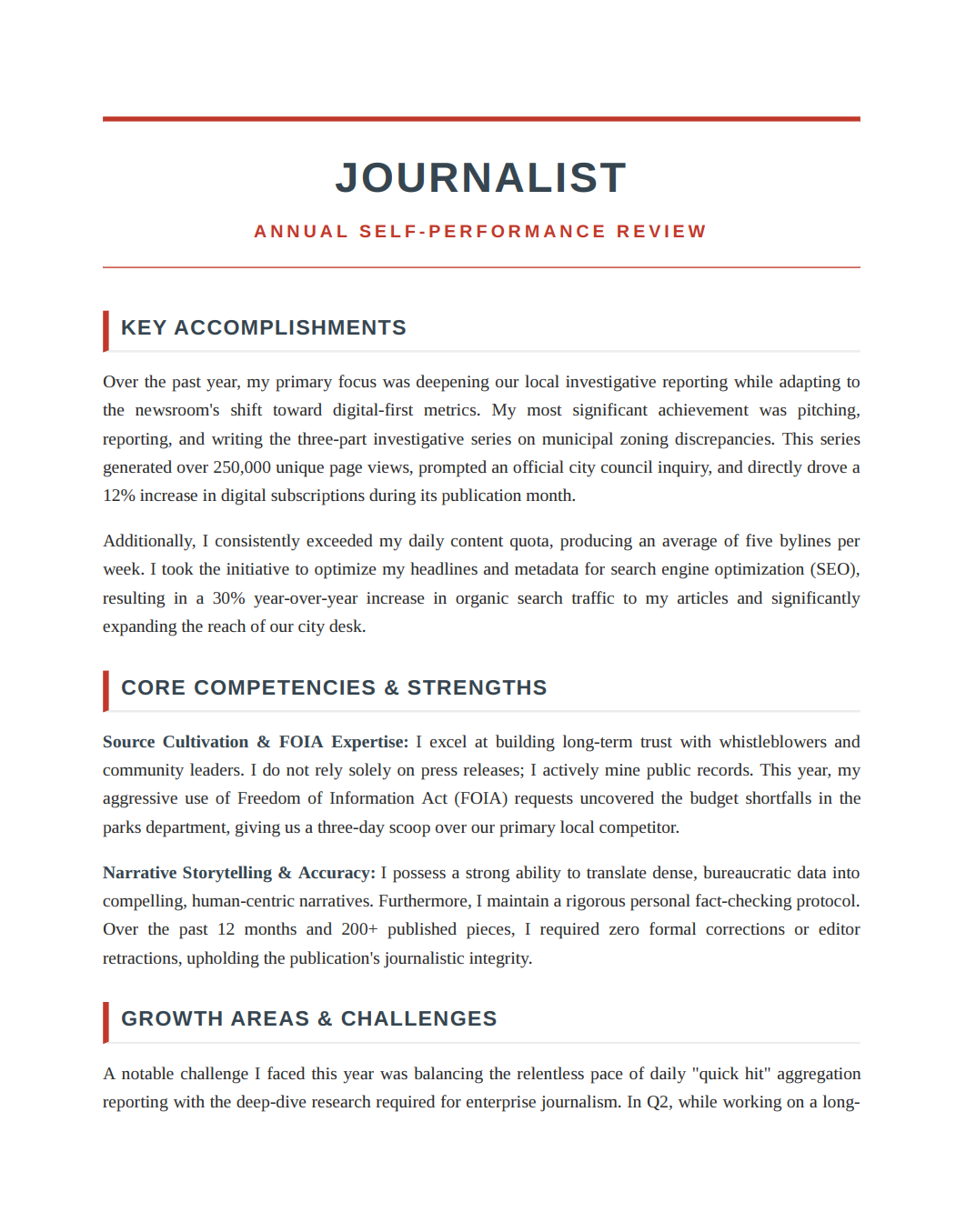 Journalist Self Performance Review - Free AI Self Performance Review Generator, 50+ Real Self Performance Review Examples