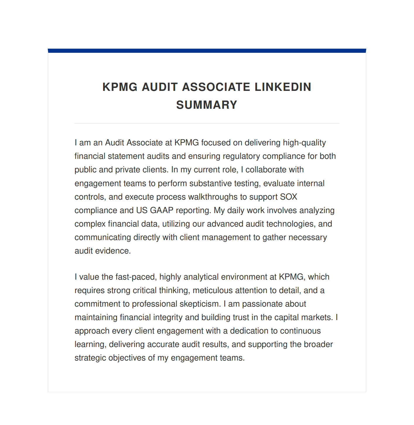 KPMG Audit Associate LinkedIn Summary - Free AI LinkedIn Summary Generator, 50+ Real LinkedIn Summary Examples