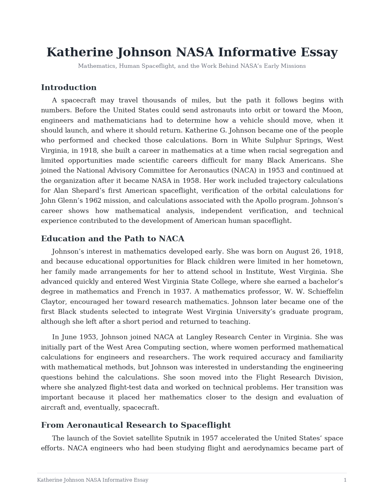 Katherine Johnson NASA Informative Essay - Free AI Informative Essay Generator, 50+ Real Informative Essay Examples