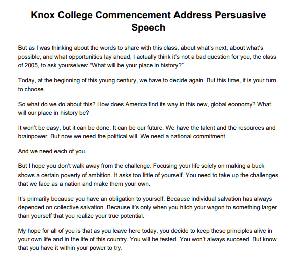 Knox College Commencement Address Persuasive Speech - Free AI Persuasive Speech Generator, 50+ Real Persuasive Speech Examples
