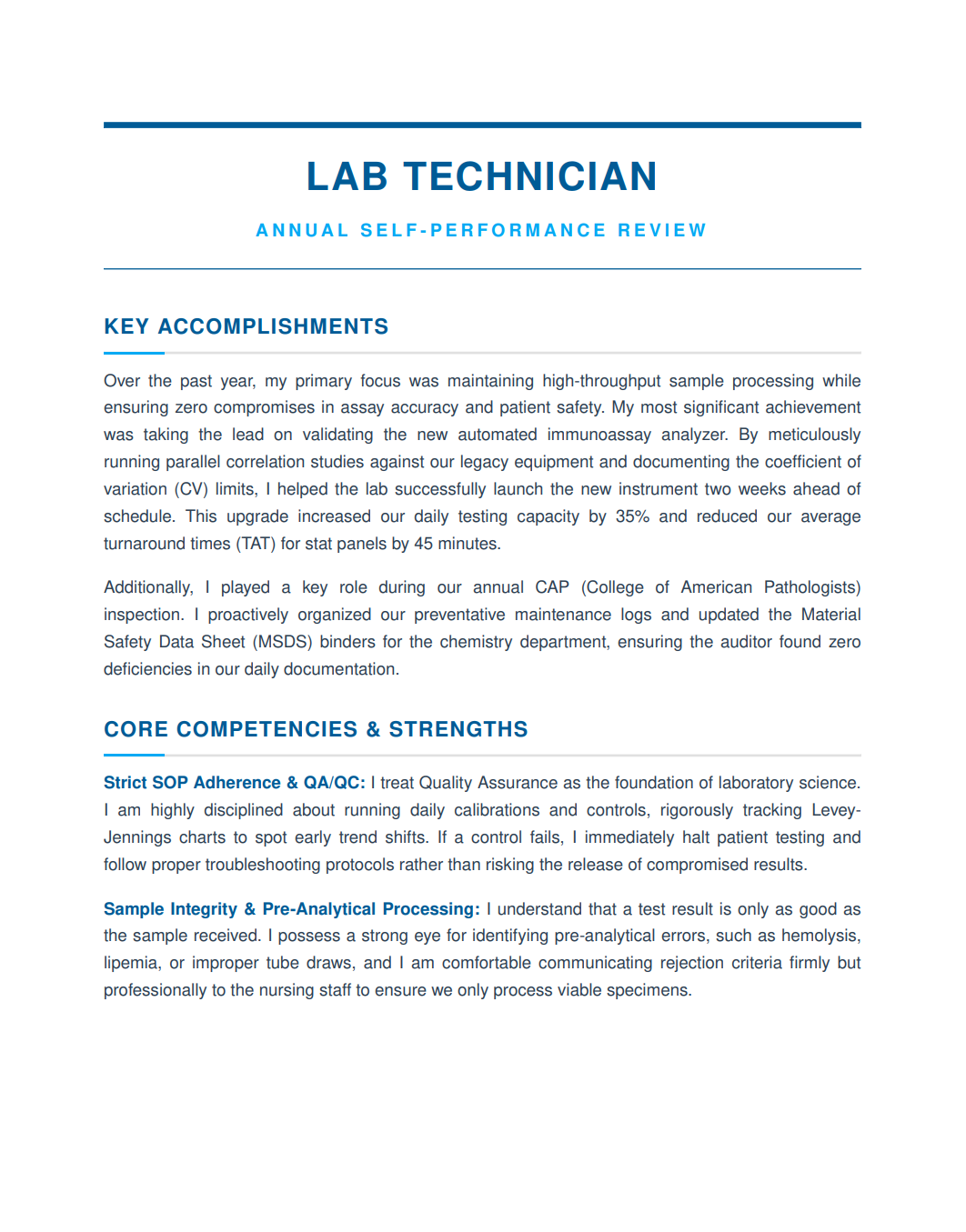 Lab Technician Self Performance Review - Free AI Self Performance Review Generator, 50+ Real Self Performance Review Examples