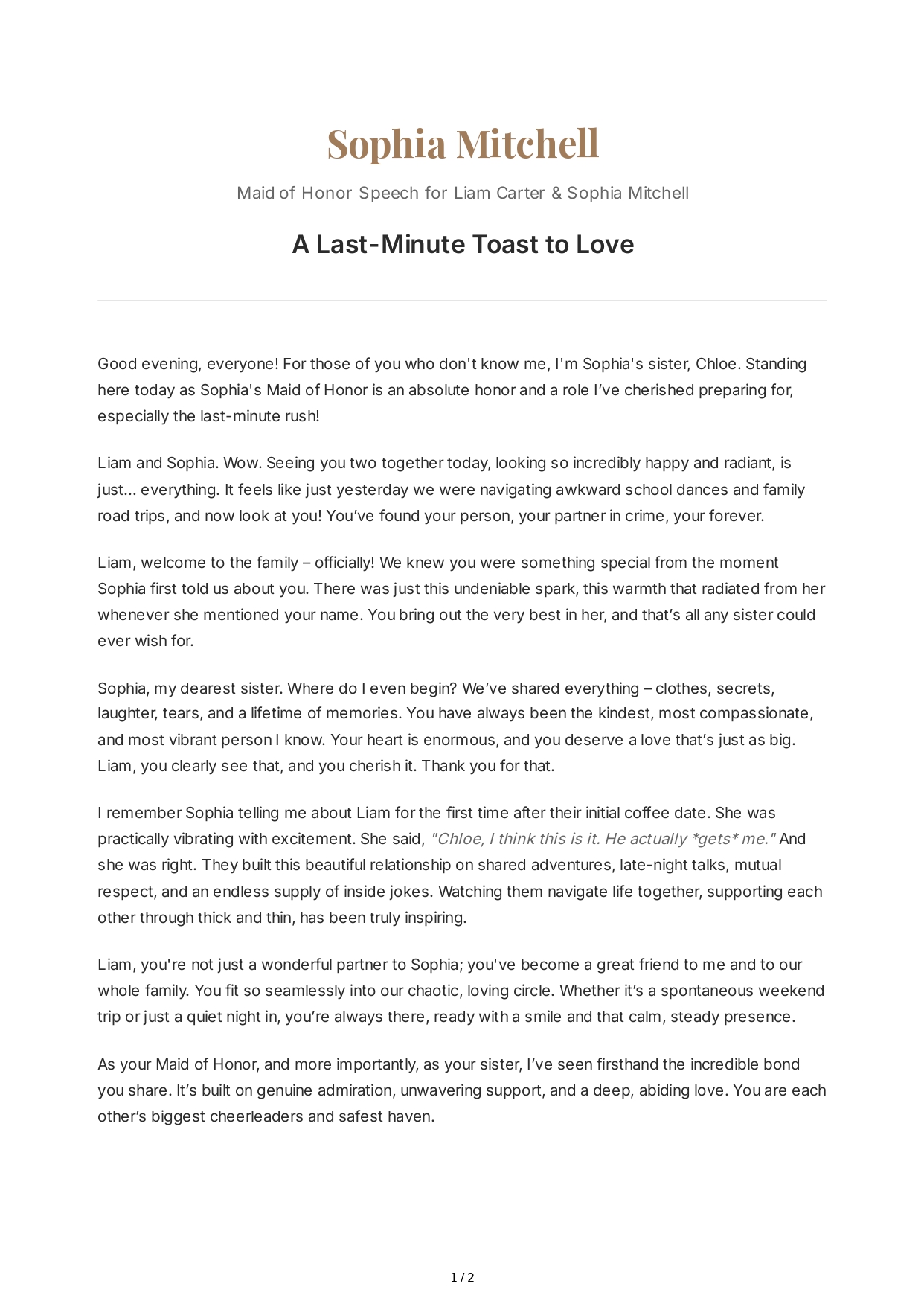 Last-Minute Maid of Honor Speech - Free AI Maid of Honor Speech Generator, 50+ Real Maid of Honor Speech Examples
