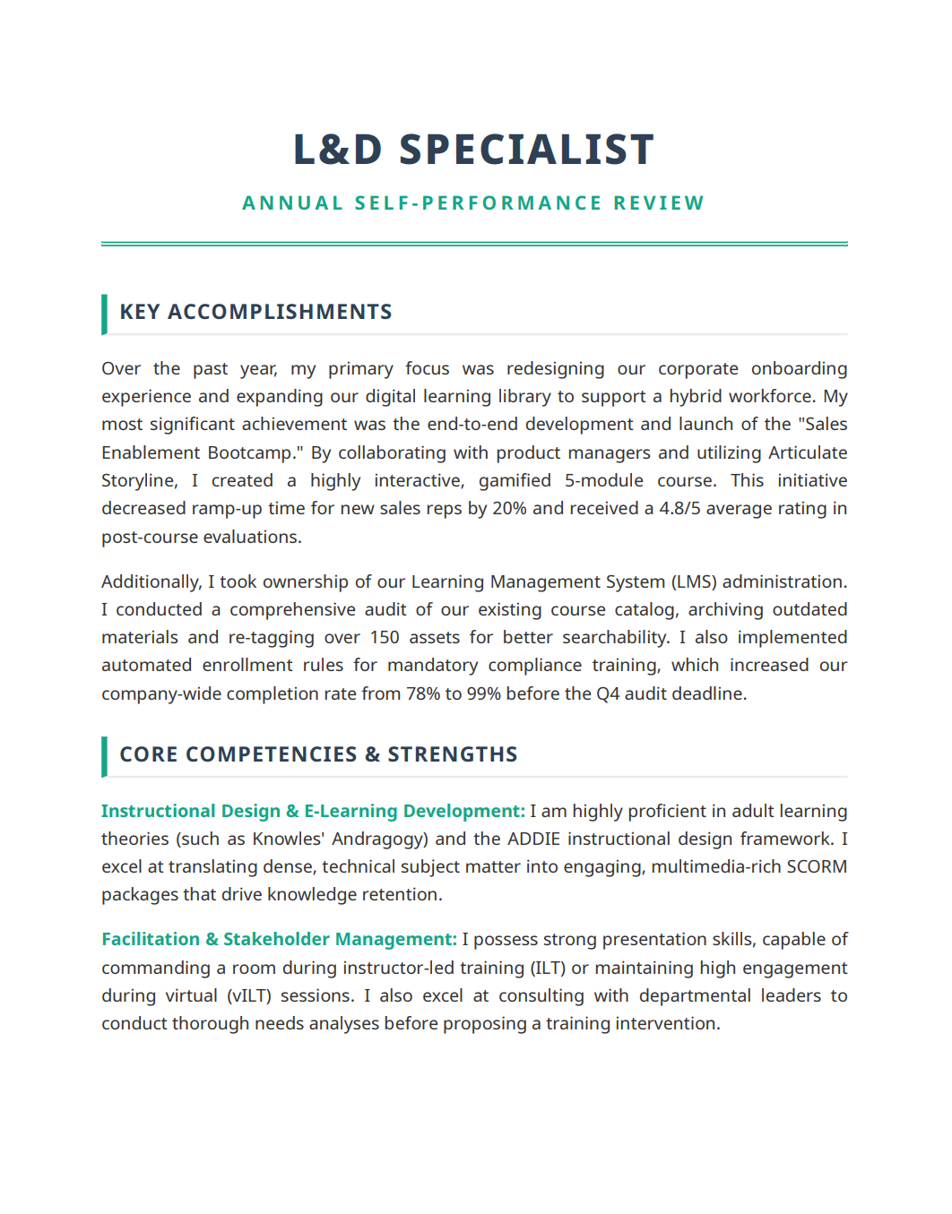 Learning and Development Specialist Self Performance Review - Free AI Self Performance Review Generator, 50+ Real Self Performance Review Examples