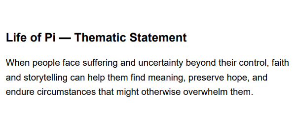 Life of Pi Thematic Statement - Free AI Thematic Statement Generator, 50+ Real Thematic Statement Examples