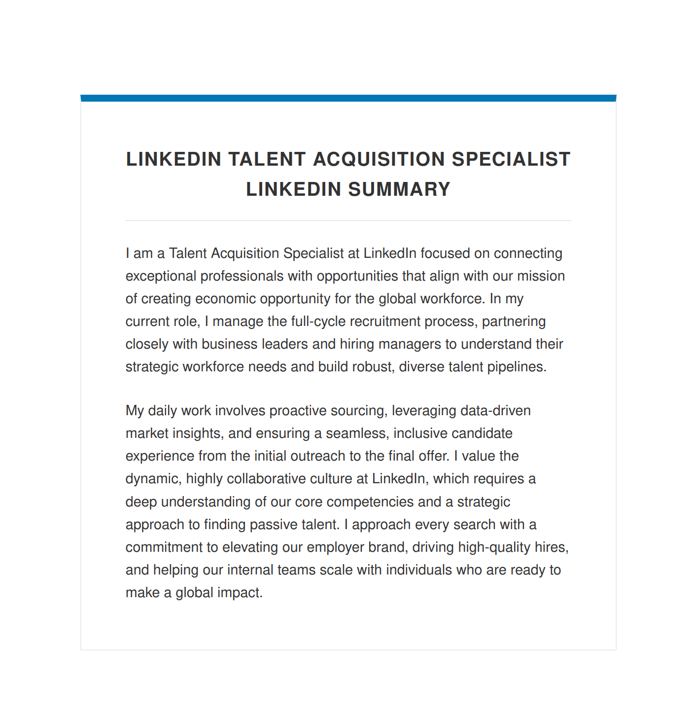 LinkedIn Talent Acquisition Specialist LinkedIn Summary - Free AI LinkedIn Summary Generator, 50+ Real LinkedIn Summary Examples