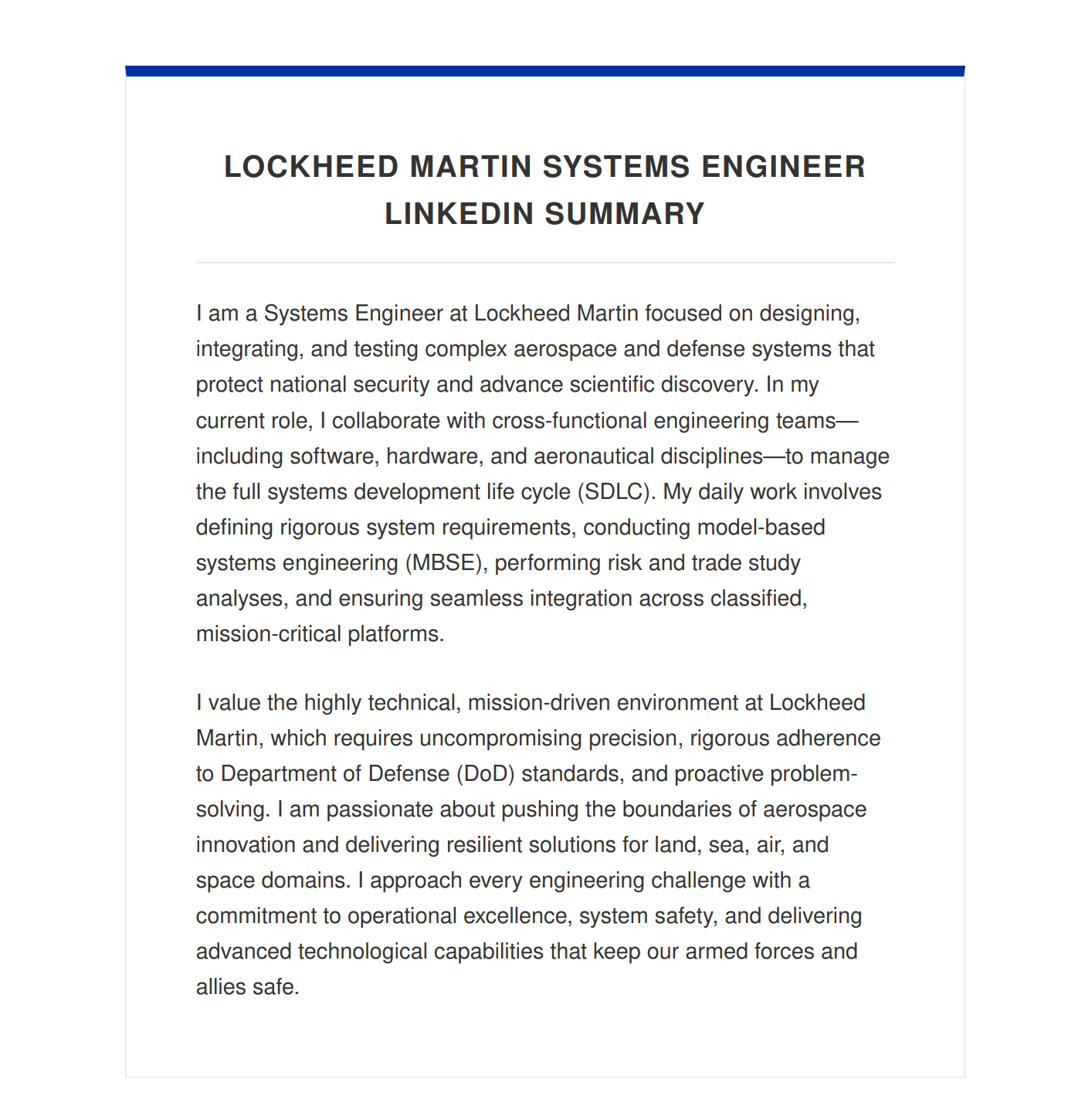 Lockheed Martin Systems Engineer LinkedIn Summary - Free AI LinkedIn Summary Generator, 50+ Real LinkedIn Summary Examples