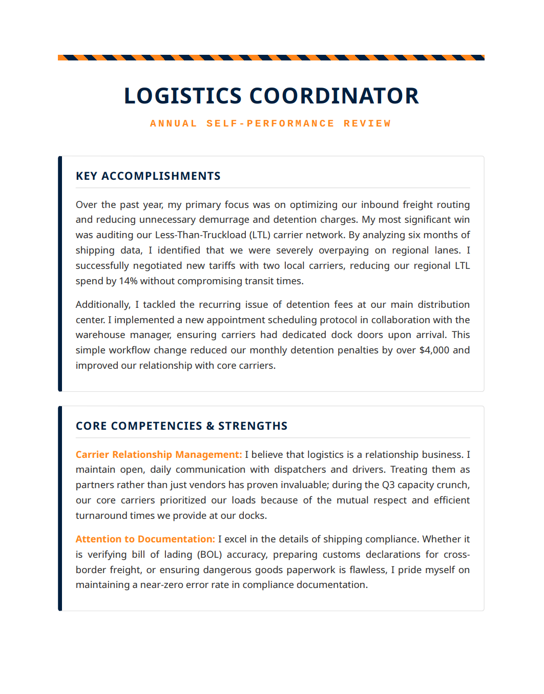 Logistics Coordinator Self Performance Review - Free AI Self Performance Review Generator, 50+ Real Self Performance Review Examples