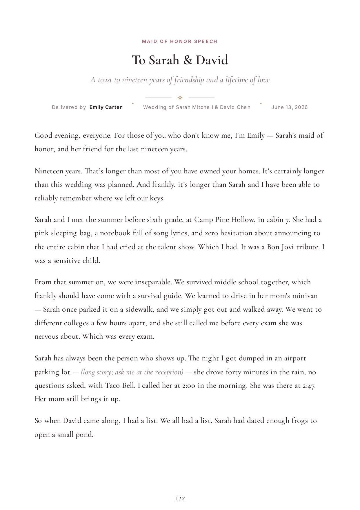 Longtime Friend Maid of Honor Speech - Free AI Maid of Honor Speech Generator, 50+ Real Maid of Honor Speech Examples