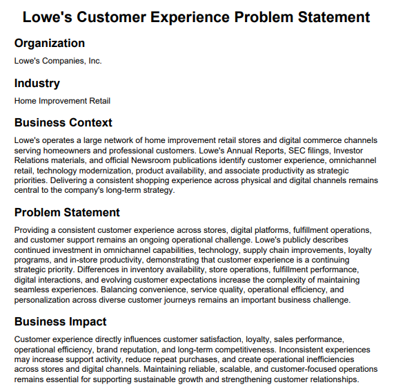 Lowe's Customer Experience Problem Statement - Free AI Problem Statement Generator, 50+Real Problem Statement Examples