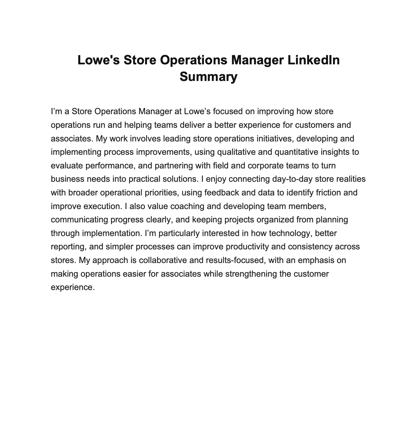 Lowe's Store Operations Manager LinkedIn Summary - Free AI LinkedIn Summary Generator, 50+ Real LinkedIn Summary Examples