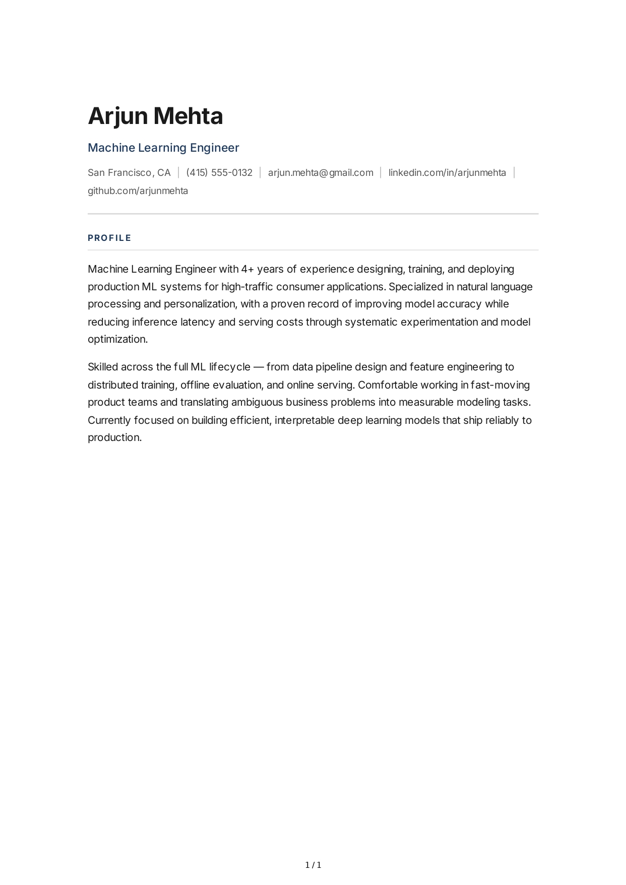 Machine Learning Engineer Resume Profile - Free AI Resume Profile Generator, 50+ Real Resume Profile Examples