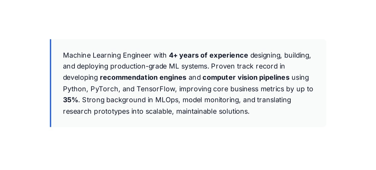 Machine Learning Engineer Resume Summary - Free AI Resume Summary Generator, 50+ Real Resume Summary Examples